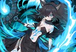 bangs black_hair blue_eyes blue_fire breasts clothed clothing colored_fire eye_bags female fire hair hair_over_eye holding_object holding_staff holding_weapon inner_ear_fluff looking_at_viewer markings messy_hair navel neckwear ponytail pupils skimpy_dress slit_pupils smile smiling_at_viewer smirk smirking_at_viewer solo spikes staff symbol tuft weapon white_body ebora ponos_corp. the_battle_cats kasli kasli_the_bane animal_humanoid felid felid_humanoid feline feline_humanoid humanoid mammal mammal_humanoid 2024 digital_drawing_(artwork) digital_media_(artwork) hi_res