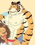 anthro barazoku clothing duo food fur hug humanoid_hands kemono male male/male muscular muscular_male nipples popsicle sea_salt_ice_cream shirt simple_background topwear underwear kedama felid lion mammal pantherine tiger 2009 archived_source