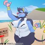 anthro arrow_sign beach big_breasts blush bouncing_breasts breasts clothed clothing collar curvy_female direction_sign directional_arrow female huge_breasts instruction instruction_on_sign overweight paws planted_sign prohibition_sign seaside sign simple_background skimpy slightly_chubby smile solo swimwear text puppeon nintendo pokemon pup_(puppeon) felid generation_4_pokemon luxio mammal pokemon_(species) 1:1 absurd_res english_text hi_res