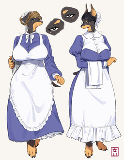 alternative_fashion anthro apron bottomwear breasts classic_lolita claws clothing duo eyewear female glasses j-fashion lolita_(fashion) maid_uniform skirt standing tail uniform sa_a_a canid canine canis domestic_dog mammal hi_res signature
