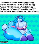 anthro big_breasts breasts butt clothing duo female hug huge_breasts hyper male male/female simple_background smile squeaky_toy text thick_thighs wide_hips wobble abunbot azule_(abittoasty) canid canine canis domestic_dog mammal absurd_res digital_media_(artwork) english_text hi_res meme