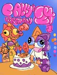 birthday birthday_cake birthday_candle cake color_swatch dessert fire food fur furniture happy lazy_eye messy orange_body orange_fur purple_body purple_fur red_body silly silly_face smile table text white_body yellow_body theenyface butters_(theenyface) cally_(theenyface)