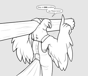 anthro beak biped clothed clothing dialogue feathered_arms feathers female holding_object log looking_at_viewer overalls solo talking_to_viewer text wood cloven-jitsu accipitrid accipitriform avian bird eagle english_text hi_res monochrome