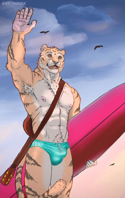 acoustic_guitar anthro armpit_hair body_hair bulge clothing guitar male muscular muscular_male musical_instrument nipples open_mouth plucked_string_instrument solo speedo string_instrument sunset surfboard surfer swimwear underwear antauess ambient_bird felid mammal pantherine tiger absurd_res hi_res