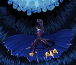 anthro black_body black_sclera blade blue_fire cape claws clothing colored_fire feet fire horn male powering_up solo stinger tail tail_blade talons toes weapon_tail ginryuumaru bandai_namco digimon digimon_ghost_game digimon_(species) gulusgammamon scalie absurd_res hi_res