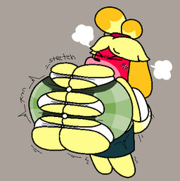 accessory anthro bell bell_accessory big_breasts black_nose blonde_hair blue_bottomwear blue_clothing blue_skirt bottomwear breasts button_(fastener) clothing dipstick_tail eyes_closed female green_clothing green_topwear green_vest grey_background hair hair_accessory hairband huge_breasts hyper hyper_breasts markings motion_lines onomatopoeia red_face red_hairband simple_background skirt solo sound_effects tail tail_markings tan_tail_tip text three-quarter_view tight_clothing topwear vest yellow_body yellow_ears yellow_tail cooluthink animal_crossing nintendo isabelle_(animal_crossing) canid canine canis domestic_dog mammal shih_tzu toy_dog 2025 colored digital_media_(artwork) flat_colors