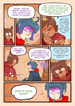 6_panel_comic arm_hair body_hair border chest_hair clothing dialogue eyes_closed flower flower_crown green_hair hair half-closed_eyes highlights_(coloring) hood inner_monologue markings mole_(marking) narrowed_eyes open_mouth open_smile orange_border plant purple_highlights robe scarf smile speech_bubble stubble text thinking thought_bubble wide_eyed darkchibishadow solanaceae battam_(solanaceae) sal_(solanaceae) human humanoid mammal satyr comic english_text