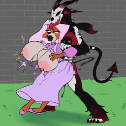 anthro big_breasts big_butt bimbofication black_cum bodily_fluids breast_expansion breasts butt colored_cum cum duo expansion female genital_fluids gynomorph gynomorph/female horn huge_breasts hyper hyper_breasts intersex intersex/female lips long_tongue nipple_piercing nipples piercing size_difference tail thick_lips tongue unusual_bodily_fluids unusual_cum unusual_genital_fluids hexecat disney robin_hood_(disney) ira_the_demon_(character) maid_marian demon absurd_res hi_res