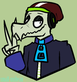clothed clothing electronics half-closed_eyes hat headgear headphones headwear male narrowed_eyes smile solo clock-work lethal_league latch crocodile crocodilian reptile scalie