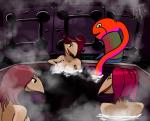 anthro big_breasts breasts cleavage clothed clothing eyes_closed female for_a_head group hair hot_spring nude open_mouth red_hair smile water wet auretheaudio yume_nikki onsen-san animal_head animal_humanoid avian humanoid toriningen