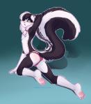 anthro braided_hair bulge clothed clothing femboy freckles hair hand_behind_head long_hair looking_back male markings one_eye_closed pawpads paws plantigrade pose solo striped_markings striped_tail stripes tail tail_markings thong topless underwear onnanoko scynt mammal mephitid skunk digital_media_(artwork) hi_res pinup shaded