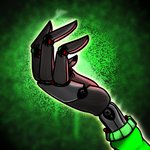 3_fingers ambiguous_gender clothing cybernetic_arm cybernetic_limb elemental_manipulation fingers fire fire_manipulation glowing green_background green_clothing machine metal prosthetic prosthetic_arm prosthetic_limb screws simple_background solo bendu bendu_(character) robot 1:1 absurd_res hi_res