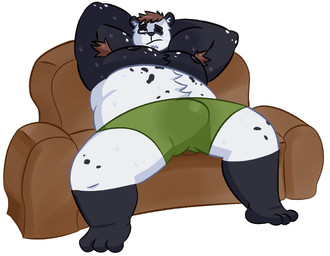 3_toes anthro armpit_hair black_body black_fur bodily_fluids body_hair brown_hair brown_sofa bulge clothing exposed_armpit feet fur furniture green_clothing green_underwear hair hands_behind_head male multicolored_body multicolored_fur musclegut muscular musk nipples one_eye_closed one_eye_half-closed overweight overweight_male relaxing sitting sofa solo sweat toes underwear white_body white_fur autumnnieartz azure_(pupblueslut) bear giant_panda mammal hi_res