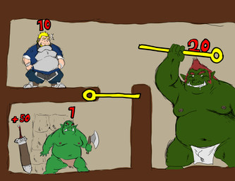 anthro armor axe belly blonde_hair bottomwear clothing green_body group hair kemono loincloth male melee_weapon moobs navel nipples overweight overweight_male weapon sankara0290 human humanoid mammal orc 2021