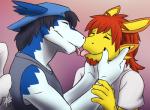 anthro clothing duo facial_hair french_kissing goatee hair happy hat headgear headwear kissing male male/male smile tongue tongue_out nameless00 mythology clei dragon mythological_creature mythological_scalie scalie windragon hi_res