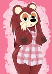 anthro apron apron_only areola big_breasts breasts brown_body brown_fur clothing dark_areola exposed_breasts female freckles fur glistening looking_at_viewer nipples solo wardrobe_malfunction thespeedyraisin animal_crossing nintendo sable_able eulipotyphlan hedgehog mammal absurd_res hi_res