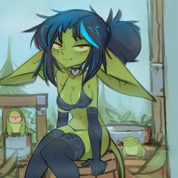 armwear bedroom_eyes big_ears breasts clothing collar detached_sleeves female feral freckled_face freckles glistening glistening_breasts glistening_thighs green_body group heart_clothing heart_symbol legwear medium_breasts narrowed_eyes not_furry_focus seductive sitting sky smile smiling_at_viewer solo_focus thigh_highs nradiowave amphibian frog goblin humanoid 1:1 absurd_res hi_res