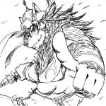 5_fingers anthro bow_(weapon) clothing fingers hair hat headgear headwear holding_bow_(weapon) holding_object holding_ranged_weapon holding_weapon humanoid_hands male mongolian mongolian_clothing muscular muscular_anthro muscular_male ranged_weapon solo tattoo weapon run_aki lifewonders tokyo_afterschool_summoners temujin_(tas) canid canine canis mammal wolf 1:1 monochrome