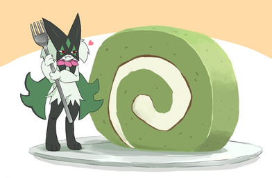 ambiguous_gender anthro bodily_fluids cake claws cutlery dessert drooling food fork fur green_body green_fur green_hair hair heart_symbol holding_object kitchen_utensils micro paws plate red_eyes roll_cake saliva simple_background solo tail tools ylit nintendo pokemon felid feline generation_9_pokemon mammal meowscarada pokemon_(species) 2025
