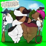 anthro ass_to_ass baseball_bat bat_(object) big_butt bottomless brown_body brown_fur butt clothed clothing duo female fur green_screen hat headgear headwear presenting presenting_hindquarters tennis_racket text thick_thighs white_body white_fur wrapping_tails softestpuffss pixile_studios super_animal_royale griese_(nyapple) domestic_cat felid feline felis mammal persian_cat procyonid raccoon 1:1 absurd_res english_text hi_res female_(lore)