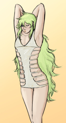 bulge clothed clothing detailed_bulge femboy genital_outline green_hair grey_eyes hair hands_behind_head heart_eyes heart_symbol lipstick long_hair makeup male messy_hair nipple_outline not_furry pale_skin penis_outline simple_background skimpy skimpy_dress slim solo standing yellow_background marcyrott nintendo pokemon n_(pokemon) human mammal hi_res warm_colors