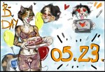 anthro bday black_border blue_eyes border breasts cake clothing crotchless_clothing dessert female food genitals happy happy_birthday nipple_outline pussy solo solo_focus tablet_computer vaginal odorayaki apple_inc. ipad felid feline mammal digital_media_(artwork) hi_res traditional_media_(artwork)