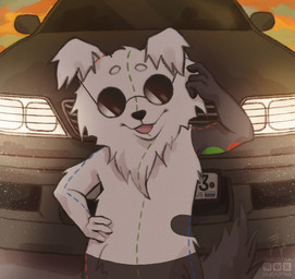 anthro black_body black_eyewear black_fur black_glasses car cheek_tuft eyewear facial_tuft fluffy fluffy_ears fluffy_tail fur glasses glowing headlight male markings neck_tuft orange_sky plushie sky solo standing sunset tail tinted_glasses tuft vehicle white_body white_fur ocelotka barbos canid canine mammal digital_media_(artwork) half-length_portrait portrait