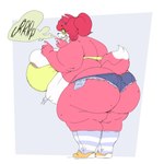 abdominal_bulge ambiguous_gender ambiguous_prey anthro anthro_pred belly big_breasts big_butt bottomwear brace breasts burping butt clothing denim denim_bottomwear denim_clothing denim_shorts eyewear female female_pred glasses huge_breasts huge_butt nerd obese obese_female overweight overweight_female shorts solo topwear vore grindavikbydaylight canid canine fox mammal hi_res