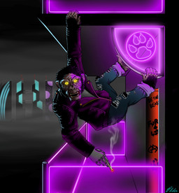 5_fingers 5_toes anthro balcony bared_teeth barefoot biped black_body black_clothing black_fur black_hair black_jacket black_topwear blue_bottomwear blue_clothing blue_jeans blue_pants bottomwear building city city_background cityscape clothed clothed_anthro clothed_male clothing cybernetic_arm cybernetic_limb cyberpunk denim denim_bottomwear denim_clothing detailed_background drugs feet fingernails fingers fog foggy_background fully_clothed fully_clothed_anthro fully_clothed_male fur glowing glowing_eyes graffiti graffiti_on_wall grey_body grey_skin hair hand_feet hanging_by_arms hanging_by_feet hanging_from_ceiling jacket jeans joint_in_hand leather leather_clothing leather_jacket leather_topwear looking_at_viewer male male_anthro marijuana marijuana_blunt nails neon neon_lights neon_sign night open_mouth outside pants paw_symbol prehensile_feet prosthetic prosthetic_arm prosthetic_limb science_fiction short_story sign sky skyscraper smoke smoking smoking_marijuana solo teeth teeth_showing toenails toes topwear torn_bottomwear torn_clothing torn_jeans torn_pants yellow_sclera philosskylon ape chimpanzee haplorhine mammal pan_(genus) primate digital_media_(artwork) hi_res signature story story_in_description