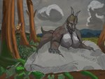 1_hand 4:3 5_horns absurd_res anthro avian big_breasts bird breasts butt ceratopsian cloud diabloceratops dinosaur duo female hi_res horn male male/female multi_horn nalgueon ornithischian plant reptile rock scalie tail thick_thighs tree