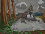 1_hand 5_horns anthro big_breasts breasts butt cloud duo female horn male male/female multi_horn plant rock tail thick_thighs tree nalgueon avian bird ceratopsian diabloceratops dinosaur ornithischian prehistoric_species reptile scalie 4:3 absurd_res hi_res