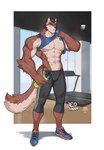 abs anthro biped bodily_fluids border bottle bottomwear brown_body brown_fur brown_hair brown_tail clothing container countershade_face countershade_fur countershade_torso countershading exercise fur green_eyes gym hair inside male multicolored_body multicolored_fur multicolored_tail muscular muscular_anthro muscular_male pants pecs solo sportswear stubble sweat tail tan_body tan_fur tan_tail text tight_bottomwear tight_clothing tight_pants water_bottle white_border wiping_sweat workout leoman753 canid canine canis domestic_dog mammal 2023 english_text hi_res signature