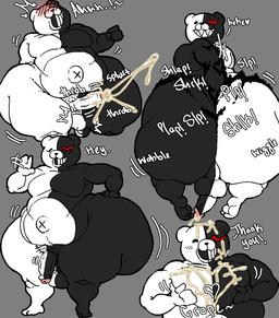 anthro backsack balls big_butt black_body black_fur black_nose blush bodily_fluids butt cum cum_on_chest cum_on_face digging_into_butt ejaculation emanata exclamation_point fur genital_fluids genitals grey_background humanoid_genitalia humanoid_penis looking_back male navel overweight overweight_anthro overweight_male penis perineum sharp_teeth simple_background smile solo sound_effects standing teeth text thick_thighs white_body white_fur scamp_d00dles danganronpa spike_chunsoft monokuma bear mammal 2026 digital_drawing_(artwork) digital_media_(artwork) hi_res sketch_page