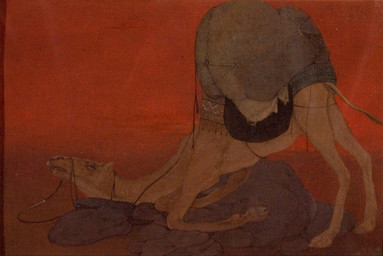 ambiguous_gender ass_up bag bridle exhausted feral fur hooves looking_back narrowed_eyes open_mouth red_background saddle side_view simple_background snout solo tail tan_body tan_fur teeth abanindranath_tagore camel camelid dromedary mammal 1913 20th_century absurd_res ancient_art formal_art full-length_portrait hi_res painting_(artwork) portrait shaded soft_shading traditional_media_(artwork) traditional_painting_(artwork)