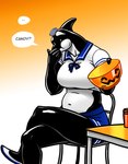 anthro big_breasts breasts butt chair female furniture holidays navel pumpkin_basket sitting solo table thick_thighs wide_hips transient001 dc_comics halloween orca_(dc) cetacean dolphin mammal marine oceanic_dolphin orca toothed_whale