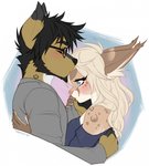 anthro beard blue_eyes blush clothed clothing cuddling duo eyes_closed eyewear facial_hair female fur glasses hair hug inner_ear_fluff kissing male male/female markings romantic romantic_couple side_view simple_background spots spotted_body spotted_fur tuft pollo-chan ariyah_(meg) jo_(amadeusdamiano) canid canine canis domestic_dog felid feline lynx mammal 2015 digital_media_(artwork) hi_res