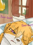 alarm_clock anthro bedroom black_whiskers brown_whiskers clock female fur inside internal morning one_eye_closed onomatopoeia purple_eyes sharp_teeth solo sound_effects teeth text tired waking_up whiskers window yellow_body yellow_fur lerasmel kreed_(lerasmel) domestic_cat felid feline felis mammal comic digital_media_(artwork) hi_res