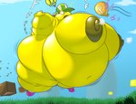 2022 anthro belly big_belly big_breasts block breasts clothing exclamation_point female floating footwear hair hat headgear headwear huge_belly hyper hyper_belly inflation koopa koopa_troopa kylie_koopa mario_and_luigi_(series) mario_bros navel nintendo nipples nude open_mouth outside pink_hair power_balloon puffed_cheeks scalie shinysteel shoes solo spread_arms text wide_eyed yellow_body
