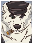 anthro blue_eyes cigar clothing green_eyes hat headgear headwear heterochromia looking_at_viewer male smoke smoking solo wfa sabbern bear mammal polar_bear ursine