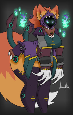 anthro breasts claws clothing female fire fur hair hood huge_hips huge_thighs hyper hyper_hips hyper_thighs long_claws long_legs long_tail orange_body orange_fur small_waist solo tail thick_thighs wide_hips yellow_body yellow_fur jhenightfox julie_(jhenightfox) canid canine fox mammal hi_res