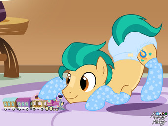 ageplay bottomwear brown_eyes clean_diaper clothed clothing cutie_mark diaper diaper_fetish feral footwear fur green_hair green_tail hair infantilism male playing quadruped roleplay socks solo star star_socks tail toy toy_train train underwear vehicle wearing_diaper yellow_body yellow_fur mommymidday hasbro mlp_g5 my_little_pony hitch_trailblazer_(mlp) earth_pony equid equine horse mammal pony hi_res