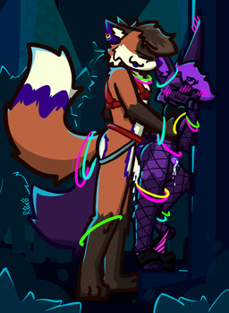 anal anthro armwear big_ears big_tail black_clothing black_crop_top black_shirt black_topwear blush blush_lines bodily_fluids bottomwear bottomwear_down brown_hair chastity_cage chastity_device clothed clothed_sex clothing countershade_accent crop_top crowd cum cum_drip cum_inside cum_through_chastity cum_while_chaste dripping duo ear_blush ear_piercing ear_ring eyes_closed fishnet_armwear fishnet_clothing fishnet_legwear fur genital_fluids glow_ring glowstick_bracelet group hair harness jockstrap legwear lights male male/male orange_body orange_fur panties panties_down partially_clothed party pattern_bottomwear pattern_clothing pattern_panties pattern_underwear piercing pinned pinned_to_wall public public_sex purple_body purple_fur purple_hair rave red_clothing red_harness red_jockstrap red_underwear ring_piercing sex shirt shorts shorts_down size_difference standing standing_sex striped_bottomwear striped_clothing striped_panties striped_underwear stripes tail topwear underwear underwear_down roxo_(artist) mochafox_(itsmochafox) roxo canid canine fennec_fox fox mammal true_fox hi_res signature