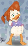 anthro avian_feet beak feet female genitals green_eyes hair looking_at_viewer membrane_(anatomy) open_beak open_mouth orange_hair pigtails pose pussy solo toes tongue webbed_feet young young_anthro young_female suce darkwing_duck disney ducktales gosalyn_mallard anatid anseriform avian bird duck