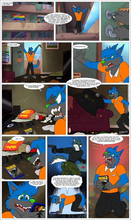 angry anthro apartment apartment_building big_butt black_bottomwear black_clothing black_pants black_shirt black_t-shirt black_topwear blue_body blue_fur bottomwear butt chips_(food) clothed clothed_anthro clothed_male clothing collared_shirt controller dress_shirt electronics food footwear fully_clothed fully_clothed_anthro fully_clothed_male fur furniture game_console game_controller green_nose grey_body grey_fur male messy messy_room multicolored_body multicolored_fur orange_clothing orange_dress_shirt orange_shirt orange_topwear pants profanity shirt slob socks sofa solo stain t-shirt text text_box topwear nabb-kun smallfryspy doritos frito-lay miles_mcwolf 2026 absurd_res comic english_text hi_res multiple_scenes