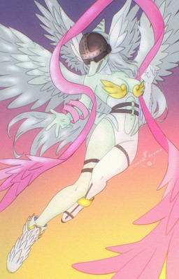 4_wings 5_fingers abstract_background anthro armor bone_frill breasts cosplay crossover_cosplay elbow_feathers feathered_wings feathers female fingers flying frill_(anatomy) grey_body grey_hair grey_scales hair headgear helmet long_hair medium_breasts multi_wing open_mouth pink_ribbon scales snout solo text wings vvurm_drama bandai_namco cavemanon_studios digimon goodbye_volcano_high ko_op_(game_developer) snoot_game fang_(gvh) angewomon digimon_(species) prehistoric_species pterosaur reptile scalie 2026 absurd_res anaglyph artist_name crossover digital_drawing_(artwork) digital_media_(artwork) hi_res stereogram watermark