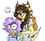 anthro backpack blush bodily_fluids bone_frill brown_hair clothed clothing dialogue duo eyewear facial_horn female frill_(anatomy) glasses green_eyes hair hand_on_shoulder horn larger_female long_hair long_tail nervous_sweat nose_horn pink_blush pupils purple_hair scales shirt simple_background size_difference slit_pupils smile snout spiked_frill sweat tail tan_body tan_scales text topwear white_background faustanon cavemanon_studios goodbye_volcano_high snoot_game sage_(gvh) stephanie_(snoot_game) ceratopsian dinosaur dromaeosaurid microraptor ornithischian prehistoric_species reptile scalie theropod triceratops colored english_text