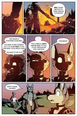 ambiguous_gender anthro book border clothed clothing collar dialogue female fire group half-closed_eyes house_fire jewelry male melee_weapon narrowed_eyes necklace nipples path plant scar surprised sword tattoo teeth text tongue topless torn_clothing tree weapon white_border rick_griffin mythology bastion_(rick_griffin) ideka orodachi toka_(rick_griffin) canid canine canis dragon hyena mammal mythological_creature mythological_scalie scalie wolf 2024 2:3 comic english_text hi_res