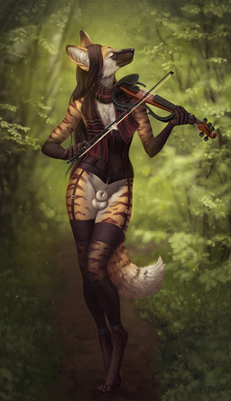 4_toes 5_fingers animal_genitalia anthro balls bowed_string_instrument brown_body brown_fur brown_hair clothed clothing corset day detailed_background digitigrade eyes_closed feet femboy fingers forest fully_sheathed fur genitals grass hair hindpaw lingerie long_hair male musical_instrument outside paws plant sheath solo string_instrument striped_body striped_fur stripes toes topwear tree violin himeragoldtail heron_stellanimus canid canine mammal maned_wolf 2021 digital_media_(artwork) hi_res