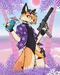 anthro balls beach beverage clothing clothing_aside eyewear fingerless_gloves floral_shirt genitals gloves gun handwear mac-10 male onesie penis penis_poking_out penis_through_leghole ranged_weapon solo standing submachine_gun sunglasses thigh_holster weapon roonefox monster_energy canid canine fox mammal absurd_res hi_res