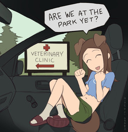 animal_ears asking asking_viewer blue_clothing blue_shirt blue_topwear bottomwear breasts brown_hair car car_interior clothed clothing crop_top dialogue dog_tail excited eyes_closed female flip_flops floppy_ears folded_ears footwear fully_clothed green_bottomwear green_clothing green_shorts hair happy human_and_animal_ears humor inside_car inside_vehicle light_body light_skin midriff multi_ear navel oblivious open_mouth plant sandals shirt shoes shorts socks socks_with_sandals solo tail talking_to_viewer text topwear tree vehicle hitsujigoods vhs_inumoto animal_humanoid canid canid_humanoid canine canine_humanoid dog_humanoid humanoid mammal mammal_humanoid tailed_humanoid 2023 english_text hi_res